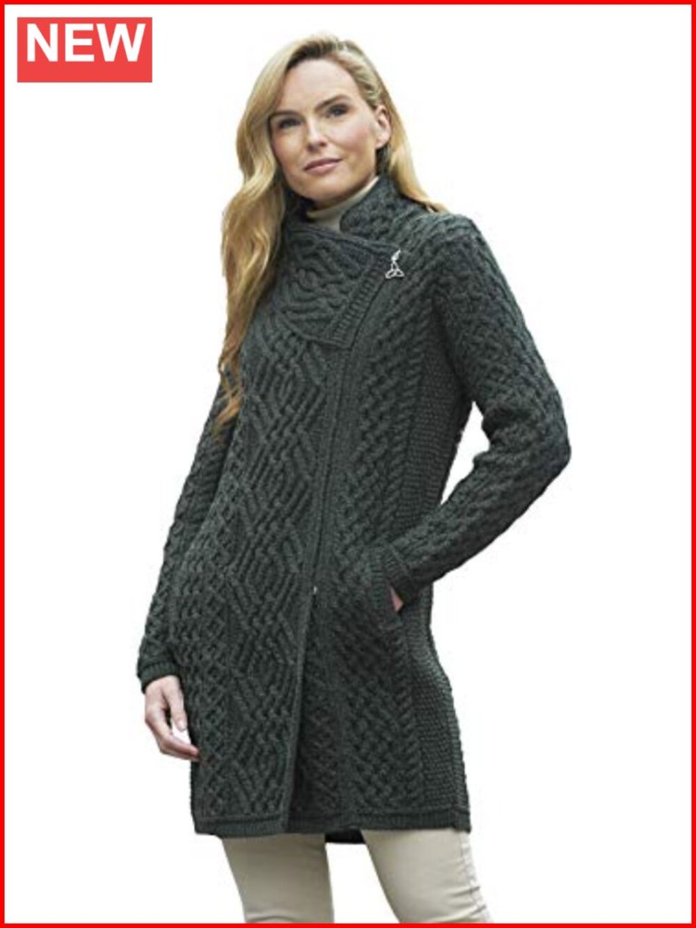 Irish Merino Wool Cable Knit Side Zip Sweater Coat